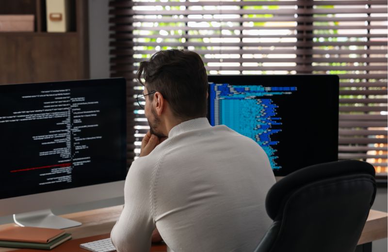 Desarrollador trabajando frente a varias pantallas con código fuente y sistemas backend.